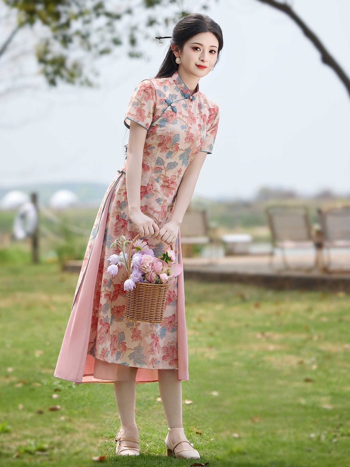 【预售15天】新中式改良奥黛旗袍连衣裙女夏碎花高级感日常可穿长裙子2026新款